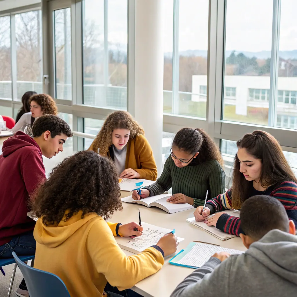 Language school students participating in a class